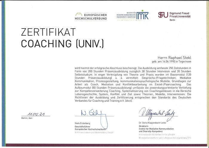 Raphael Stekl Zertifikat vom Europäischen Hochschulverband als Coach (univ.)
