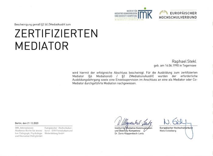 Raphael Stekl Zertifikat vom Europäischen Hochschulverband als Mediator (univ.)